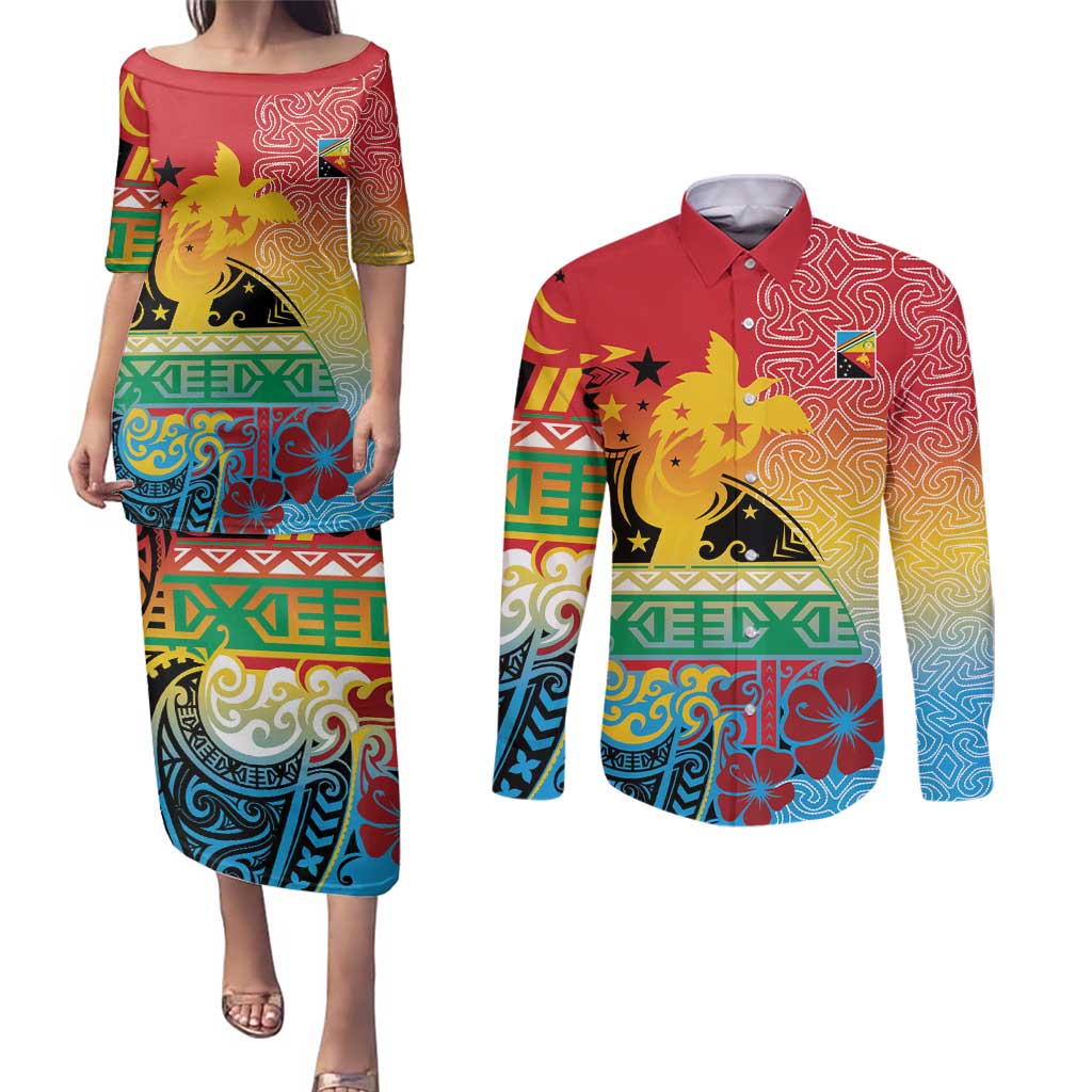 Personalised Torba PNG Day Couples Matching Puletasi and Long Sleeve Button Shirt Oro Tapa Pattern - Polynesian Pride