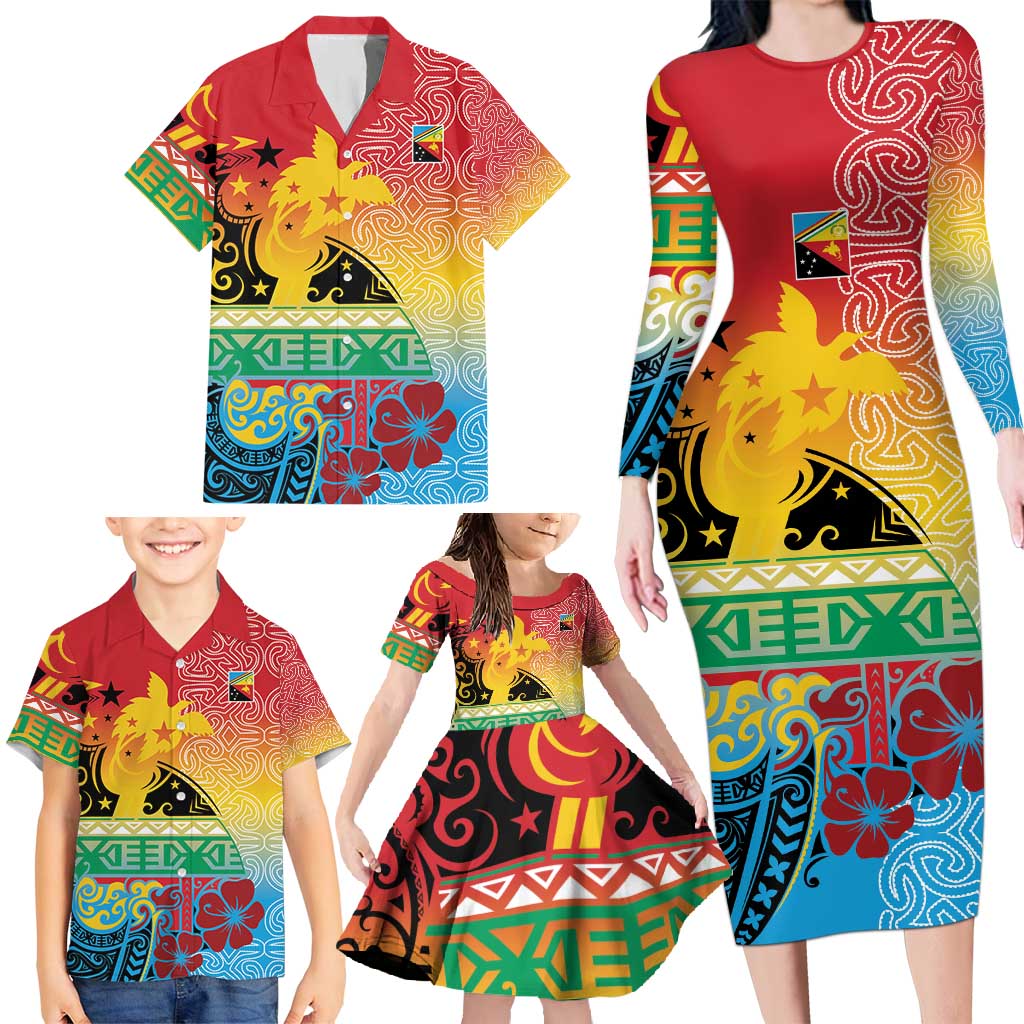 Personalised Torba PNG Day Family Matching Long Sleeve Bodycon Dress and Hawaiian Shirt Oro Tapa Pattern - Polynesian Pride