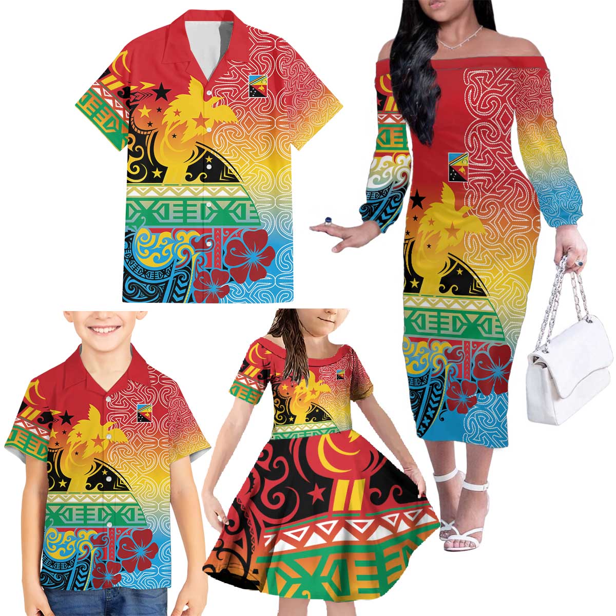 Personalised Torba PNG Day Family Matching Off The Shoulder Long Sleeve Dress and Hawaiian Shirt Oro Tapa Pattern - Polynesian Pride