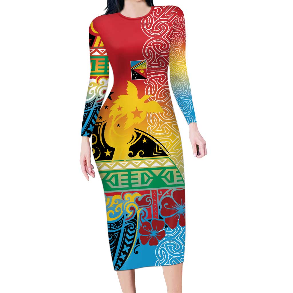 Personalised Torba PNG Day Long Sleeve Bodycon Dress Oro Tapa Pattern - Polynesian Pride