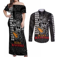 Aloha Spirit Ikaika Warrior Helmet Couples Matching Off Shoulder Maxi Dress and Long Sleeve Button Shirt