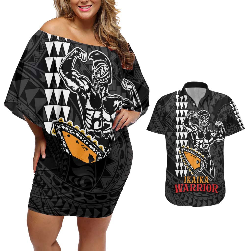 Aloha Spirit Ikaika Warrior Helmet Couples Matching Off Shoulder Short Dress and Hawaiian Shirt