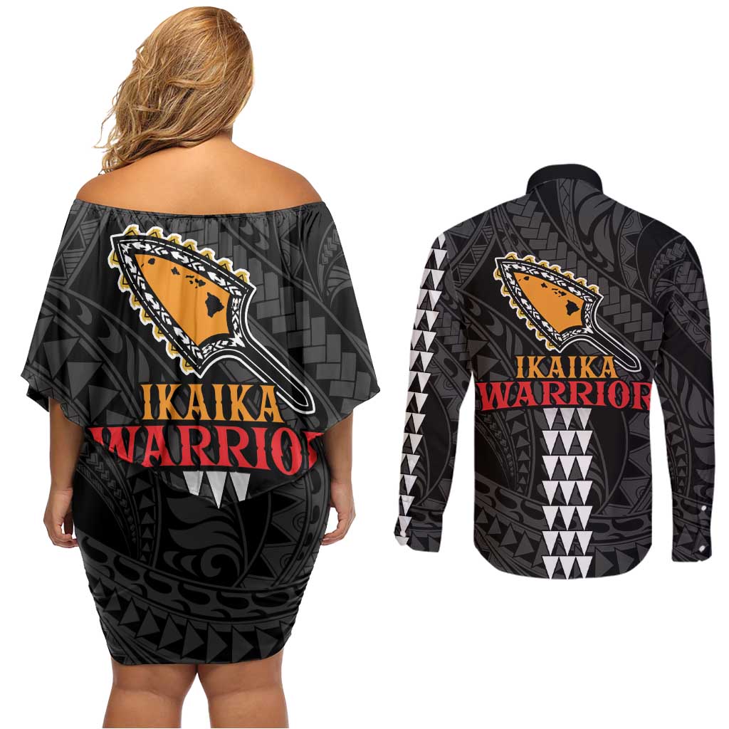 Aloha Spirit Ikaika Warrior Helmet Couples Matching Off Shoulder Short Dress and Long Sleeve Button Shirt
