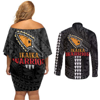 Aloha Spirit Ikaika Warrior Helmet Couples Matching Off Shoulder Short Dress and Long Sleeve Button Shirt