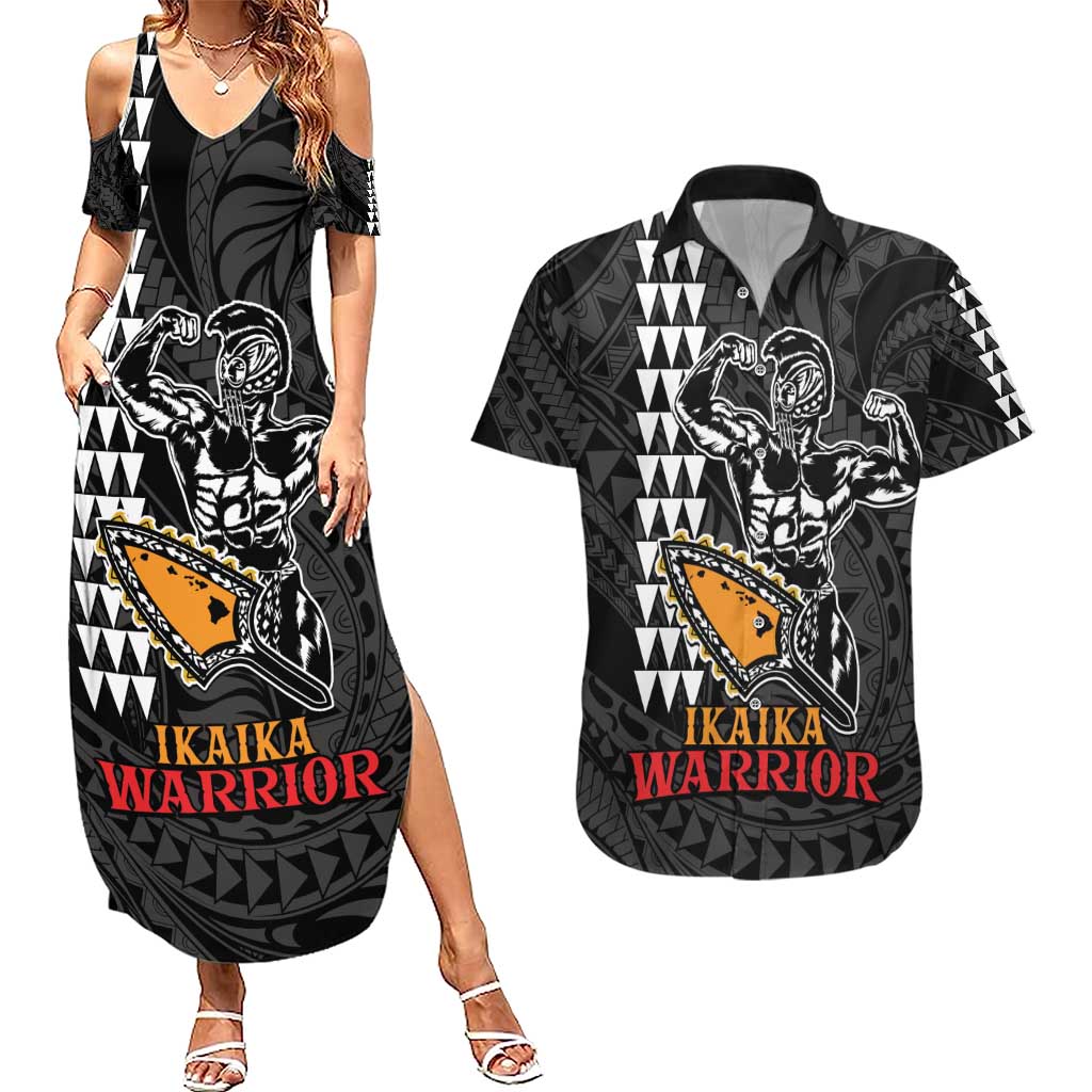 Aloha Spirit Ikaika Warrior Helmet Couples Matching Summer Maxi Dress and Hawaiian Shirt