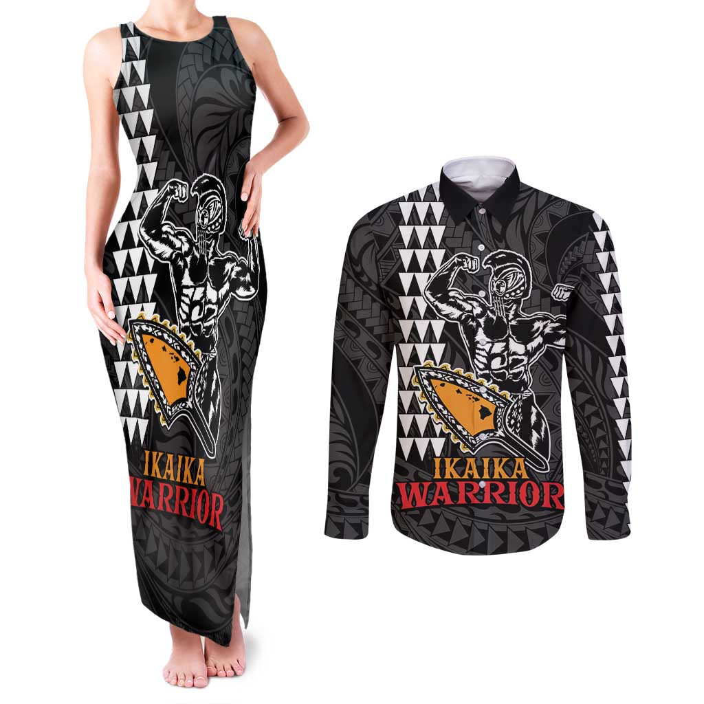 Aloha Spirit Ikaika Warrior Helmet Couples Matching Tank Maxi Dress and Long Sleeve Button Shirt LT9 Black - Polynesian Pride