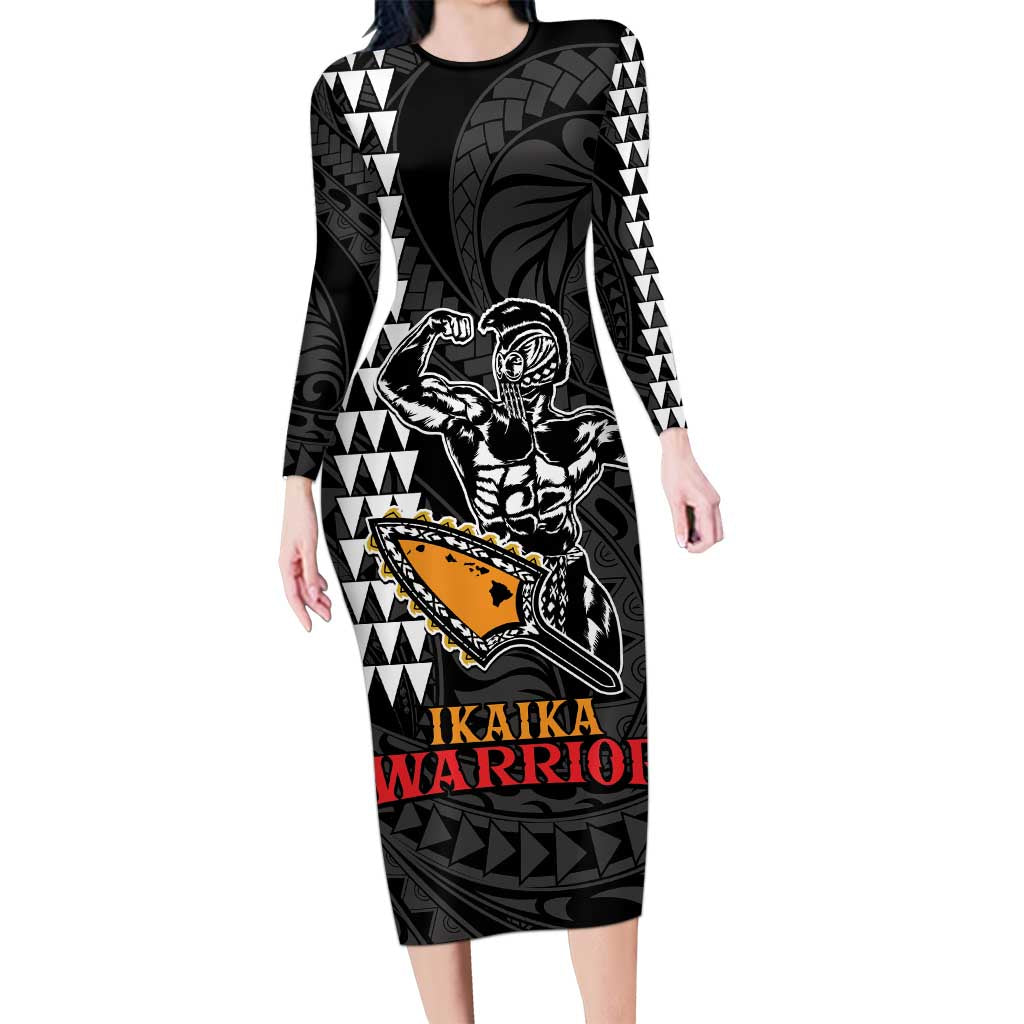 Aloha Spirit Ikaika Warrior Helmet Long Sleeve Bodycon Dress LT9 Long Dress Black - Polynesian Pride