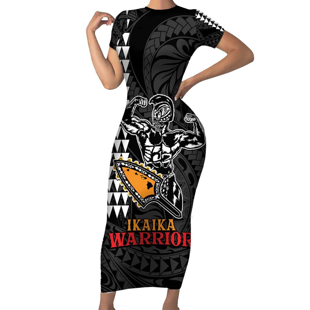 Aloha Spirit Ikaika Warrior Helmet Short Sleeve Bodycon Dress LT9 Long Dress Black - Polynesian Pride