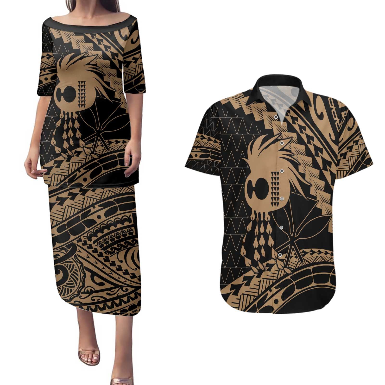 Ikaika Hawaiian Mythic Koa Tribal Warrior Couples Matching Puletasi and Hawaiian Shirt