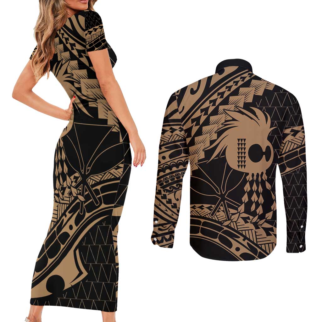 Ikaika Hawaiian Mythic Koa Tribal Warrior Couples Matching Short Sleeve Bodycon Dress and Long Sleeve Button Shirt
