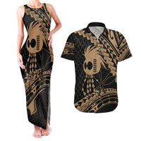 Ikaika Hawaiian Mythic Koa Tribal Warrior Couples Matching Tank Maxi Dress and Hawaiian Shirt