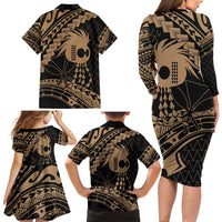 Ikaika Hawaiian Mythic Koa Tribal Warrior Family Matching Long Sleeve Bodycon Dress and Hawaiian Shirt