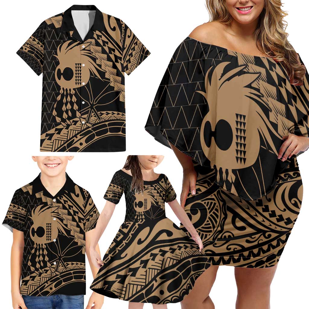 Ikaika Hawaiian Mythic Koa Tribal Warrior Family Matching Off Shoulder Short Dress and Hawaiian Shirt