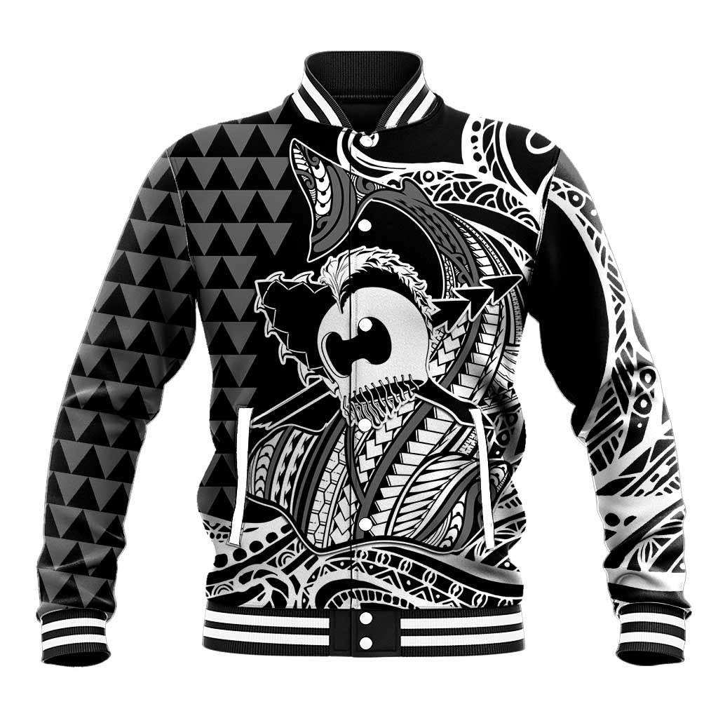 Koa Ikaika Warrior Helmet with Shark Baseball Jacket Black Kakau Style