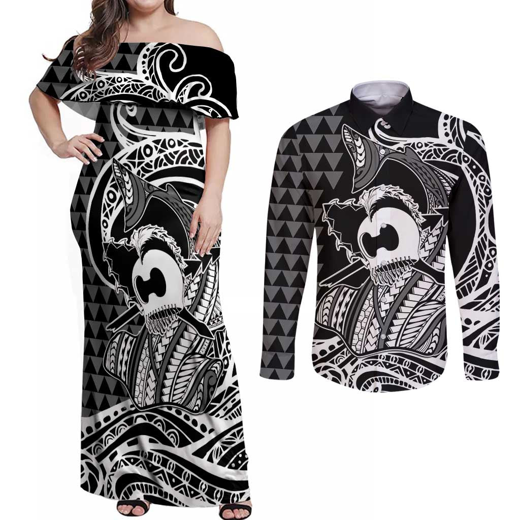 Koa Ikaika Warrior Helmet with Shark Couples Matching Off Shoulder Maxi Dress and Long Sleeve Button Shirt Black Kakau Style