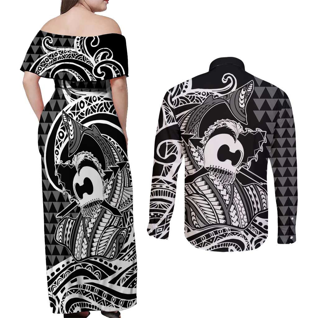 Koa Ikaika Warrior Helmet with Shark Couples Matching Off Shoulder Maxi Dress and Long Sleeve Button Shirt Black Kakau Style