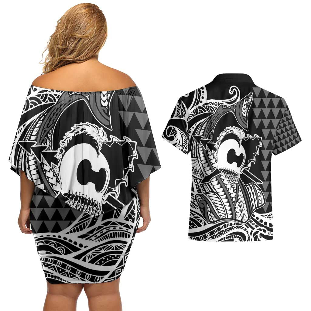 Koa Ikaika Warrior Helmet with Shark Couples Matching Off Shoulder Short Dress and Hawaiian Shirt Black Kakau Style
