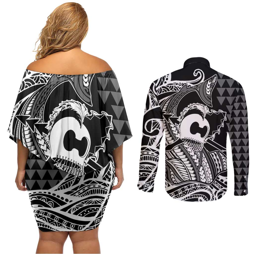 Koa Ikaika Warrior Helmet with Shark Couples Matching Off Shoulder Short Dress and Long Sleeve Button Shirt Black Kakau Style LT9 - Polynesian Pride