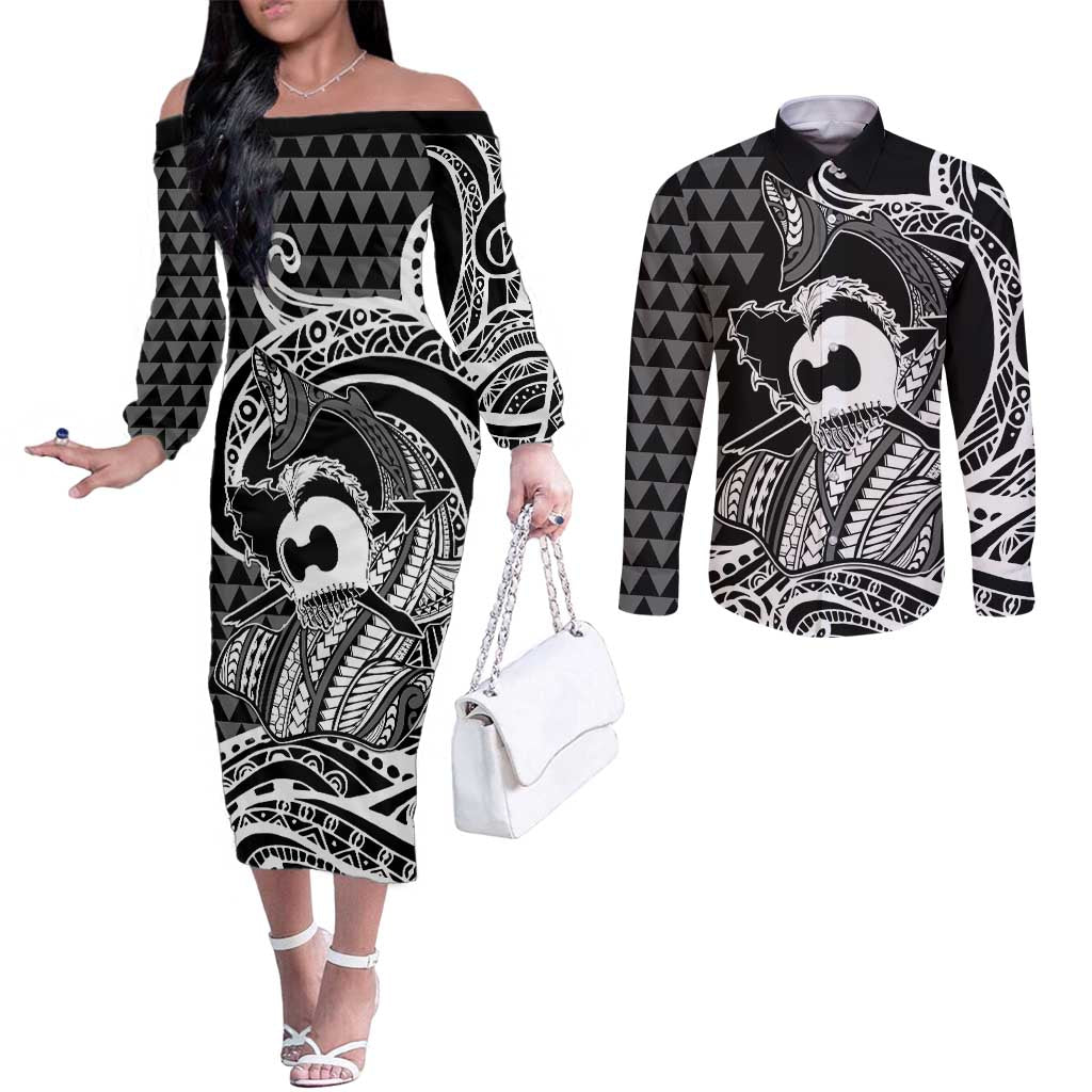Koa Ikaika Warrior Helmet with Shark Couples Matching Off The Shoulder Long Sleeve Dress and Long Sleeve Button Shirt Black Kakau Style LT9 Black - Polynesian Pride