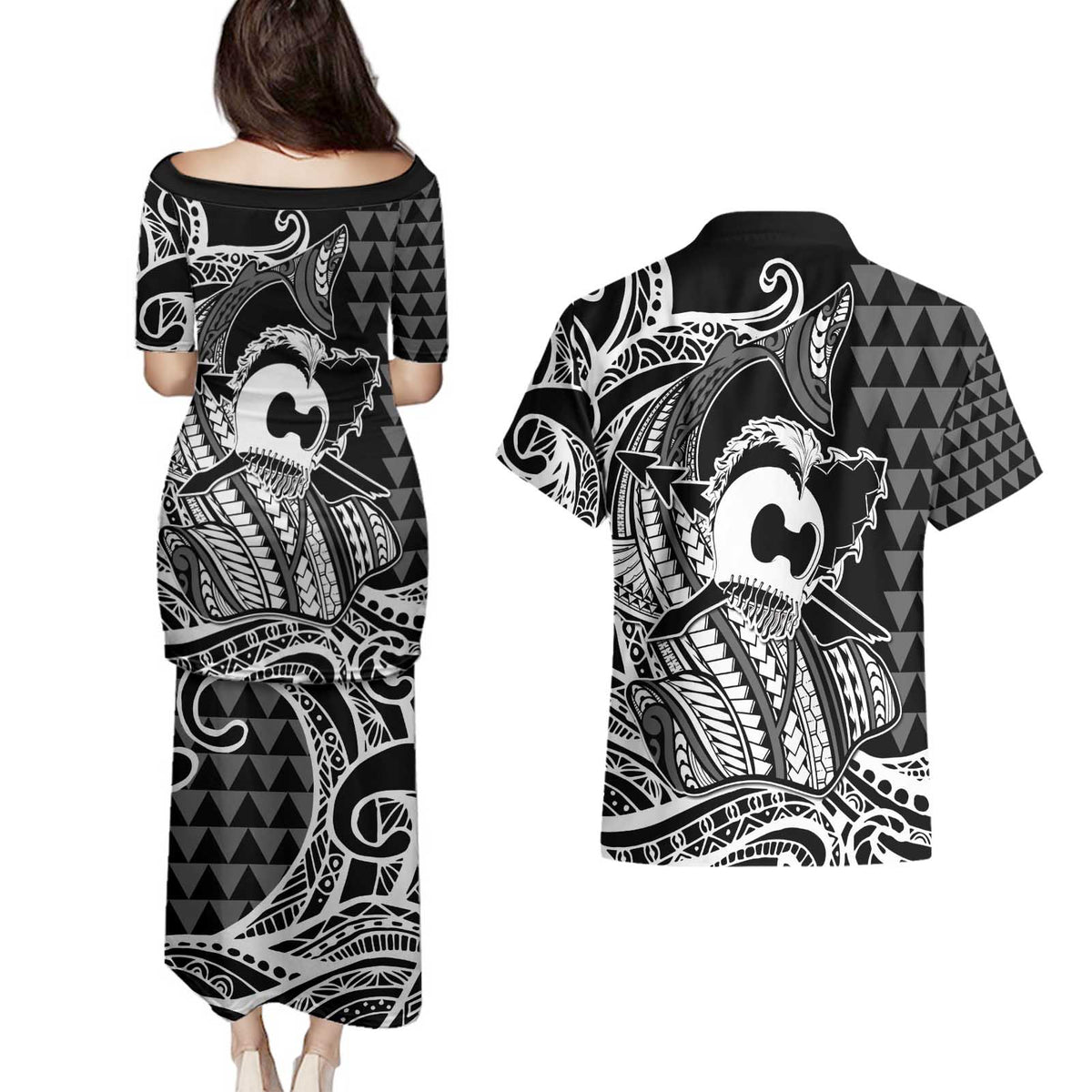 Koa Ikaika Warrior Helmet with Shark Couples Matching Puletasi and Hawaiian Shirt Black Kakau Style