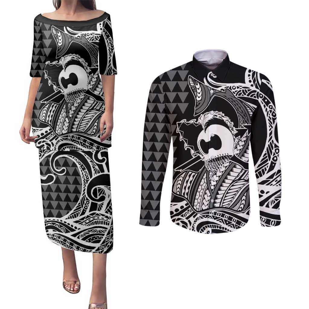 Koa Ikaika Warrior Helmet with Shark Couples Matching Puletasi and Long Sleeve Button Shirt Black Kakau Style