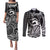 Koa Ikaika Warrior Helmet with Shark Couples Matching Puletasi and Long Sleeve Button Shirt Black Kakau Style
