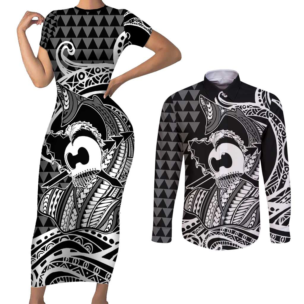 Koa Ikaika Warrior Helmet with Shark Couples Matching Short Sleeve Bodycon Dress and Long Sleeve Button Shirt Black Kakau Style LT9 Black - Polynesian Pride
