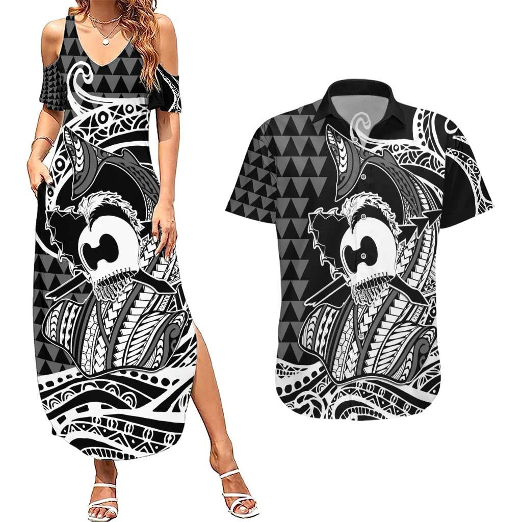 Koa Ikaika Warrior Helmet with Shark Couples Matching Summer Maxi Dress and Hawaiian Shirt Black Kakau Style