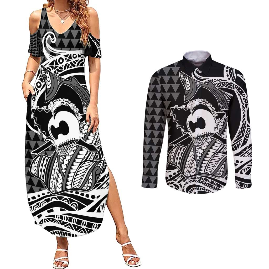 Koa Ikaika Warrior Helmet with Shark Couples Matching Summer Maxi Dress and Long Sleeve Button Shirt Black Kakau Style LT9 Black - Polynesian Pride