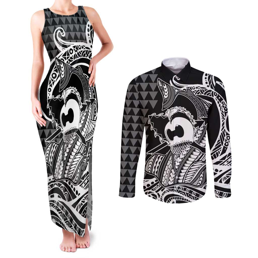 Koa Ikaika Warrior Helmet with Shark Couples Matching Tank Maxi Dress and Long Sleeve Button Shirt Black Kakau Style