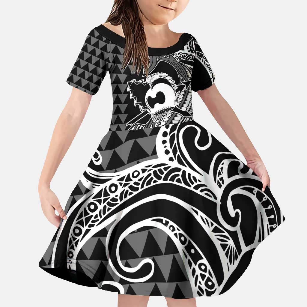 Koa Ikaika Warrior Helmet with Shark Family Matching Mermaid Dress and Hawaiian Shirt Black Kakau Style LT9 Daughter's Dress Black - Polynesian Pride