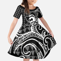Koa Ikaika Warrior Helmet with Shark Family Matching Mermaid Dress and Hawaiian Shirt Black Kakau Style LT9 Daughter's Dress Black - Polynesian Pride