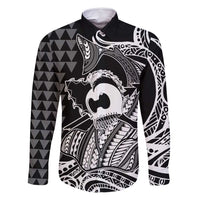 Koa Ikaika Warrior Helmet with Shark Family Matching Mermaid Dress and Hawaiian Shirt Black Kakau Style LT9 Dad's Shirt - Long Sleeve Black - Polynesian Pride