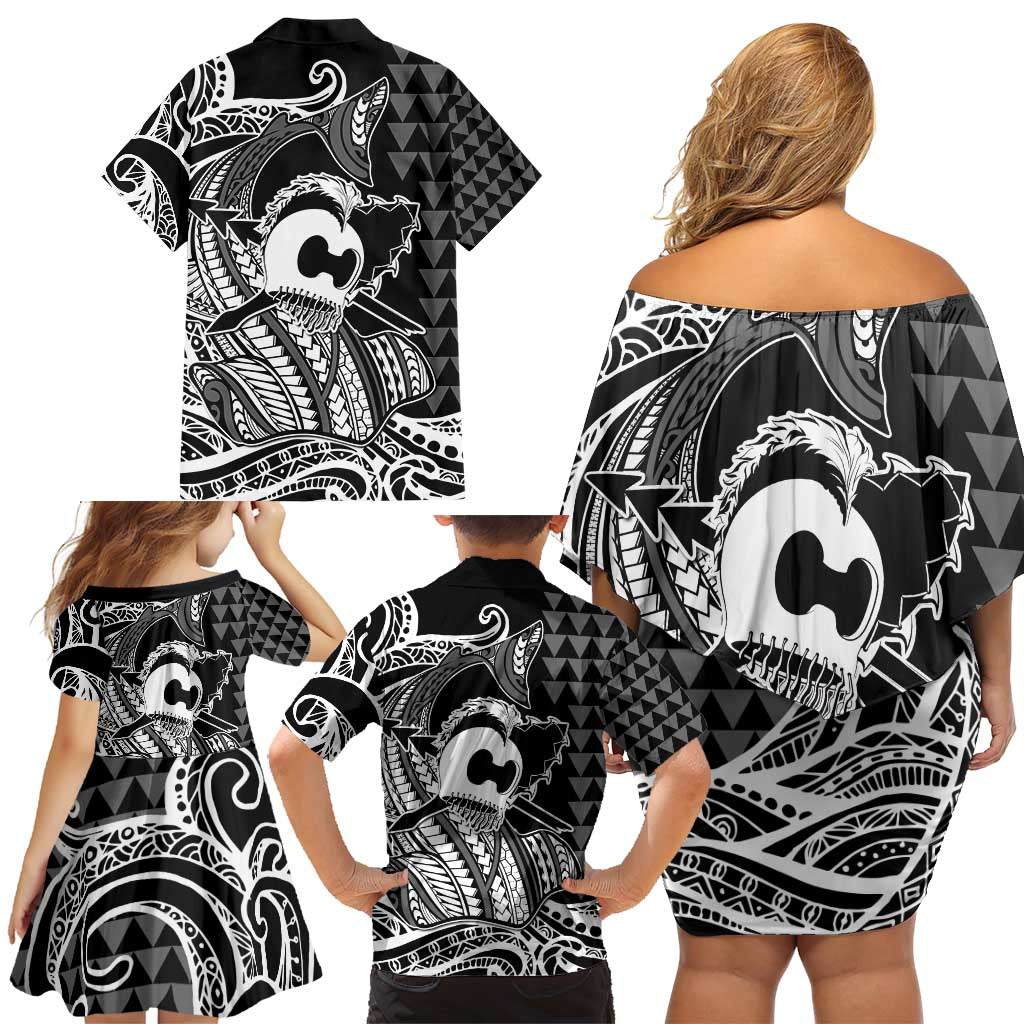 Koa Ikaika Warrior Helmet with Shark Family Matching Off Shoulder Short Dress and Hawaiian Shirt Black Kakau Style