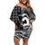 Koa Ikaika Warrior Helmet with Shark Family Matching Off Shoulder Short Dress and Hawaiian Shirt Black Kakau Style