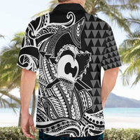Koa Ikaika Warrior Helmet with Shark Hawaiian Shirt Black Kakau Style