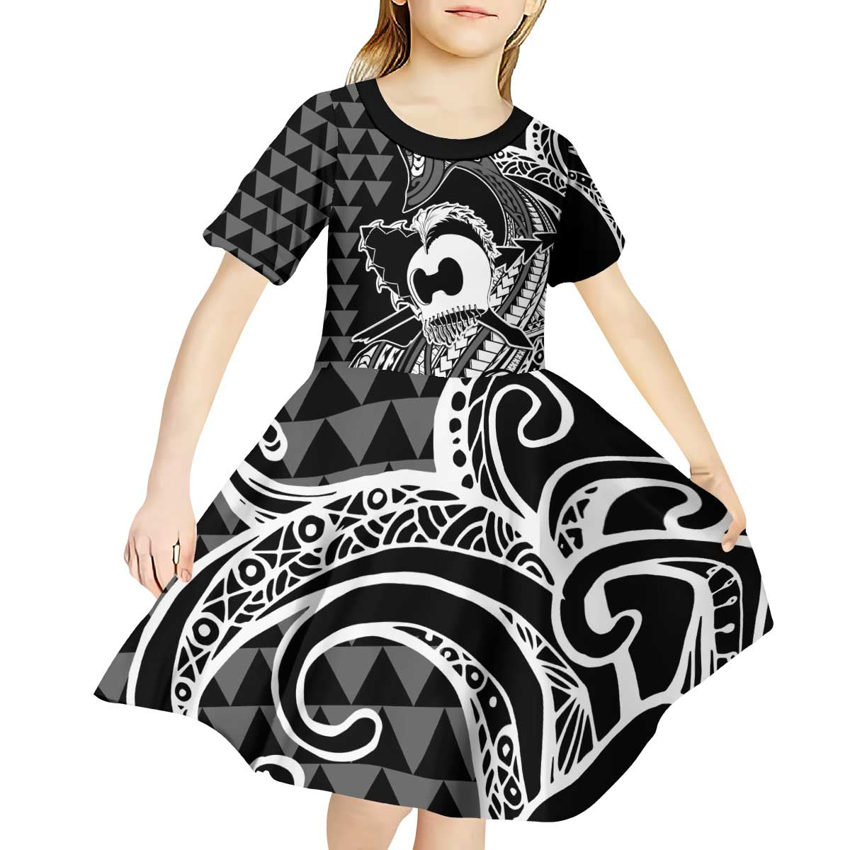 Koa Ikaika Warrior Helmet with Shark Kid Short Sleeve Dress Black Kakau Style