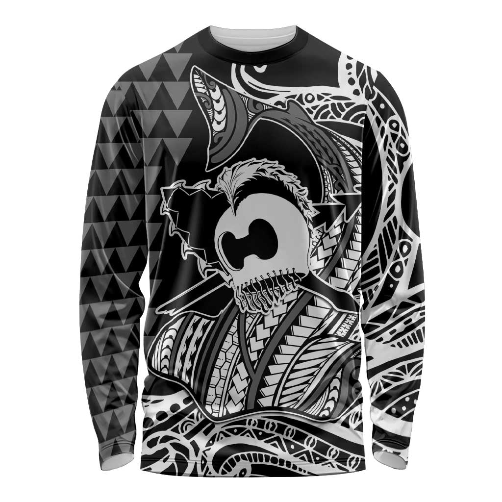 Koa Ikaika Warrior Helmet with Shark Long Sleeve Shirt Black Kakau Style LT9 Unisex Black - Polynesian Pride