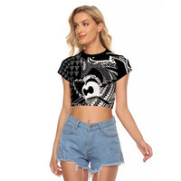 Koa Ikaika Warrior Helmet with Shark Raglan Cropped T Shirt Black Kakau Style