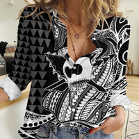 Koa Ikaika Warrior Helmet with Shark Women Casual Shirt Black Kakau Style