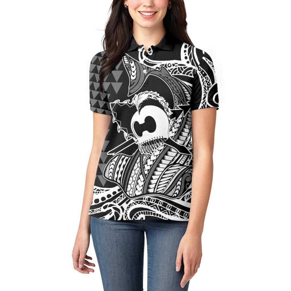Koa Ikaika Warrior Helmet with Shark Women Polo Shirt Black Kakau Style