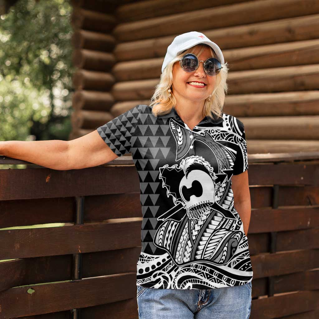 Koa Ikaika Warrior Helmet with Shark Women Polo Shirt Black Kakau Style