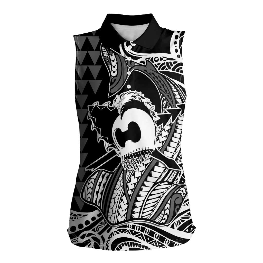 Koa Ikaika Warrior Helmet with Shark Women Sleeveless Polo Shirt Black Kakau Style
