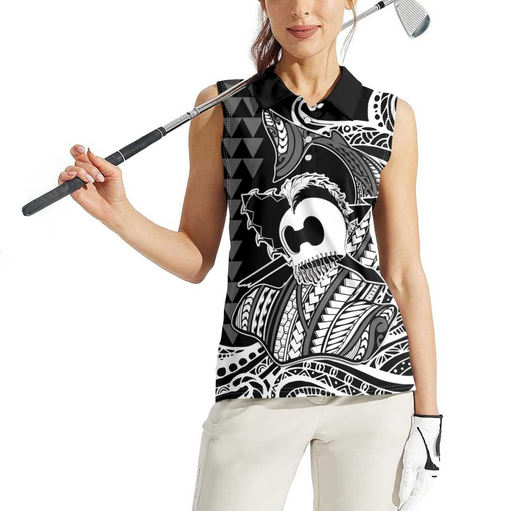 Koa Ikaika Warrior Helmet with Shark Women Sleeveless Polo Shirt Black Kakau Style