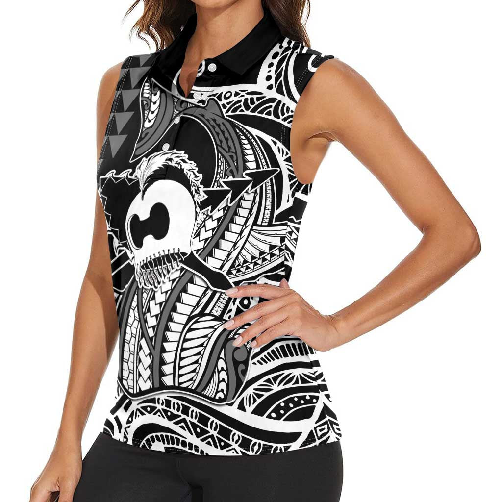 Koa Ikaika Warrior Helmet with Shark Women Sleeveless Polo Shirt Black Kakau Style