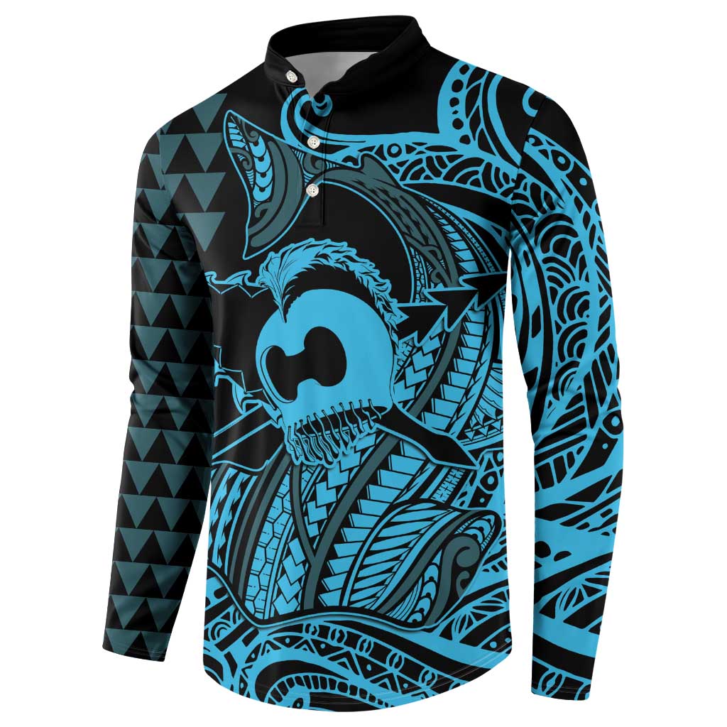 Koa Ikaika Warrior Helmet with Shark Button Sweatshirt Blue Kakau Style