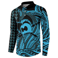Koa Ikaika Warrior Helmet with Shark Button Sweatshirt Blue Kakau Style