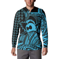 Koa Ikaika Warrior Helmet with Shark Button Sweatshirt Blue Kakau Style