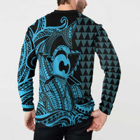 Koa Ikaika Warrior Helmet with Shark Button Sweatshirt Blue Kakau Style