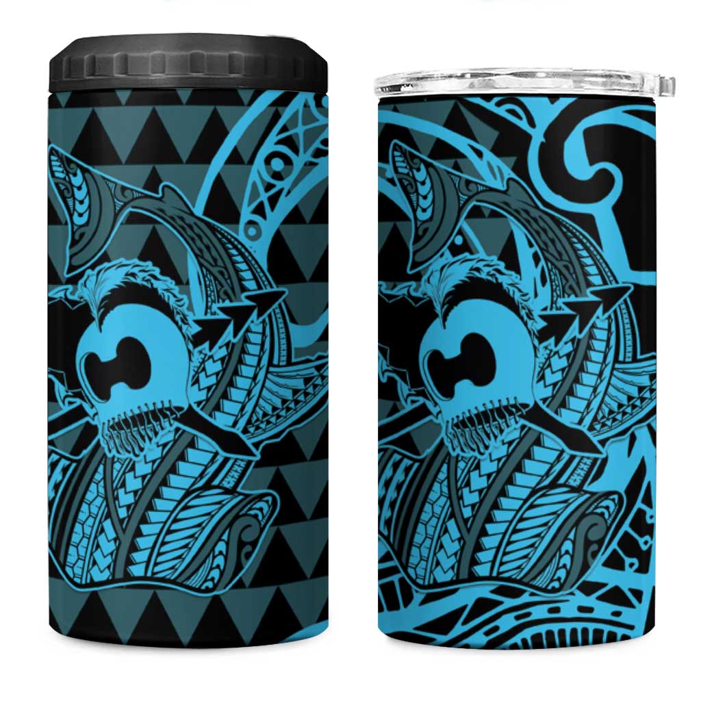 Koa Ikaika Warrior Helmet with Shark 4 in 1 Can Cooler Tumbler Blue Kakau Style